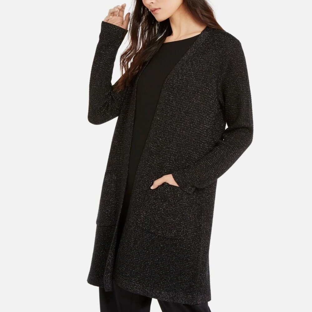 Eileen Fisher Long Black Metallic Cardigan Sweater Merino Wool with Pockets M